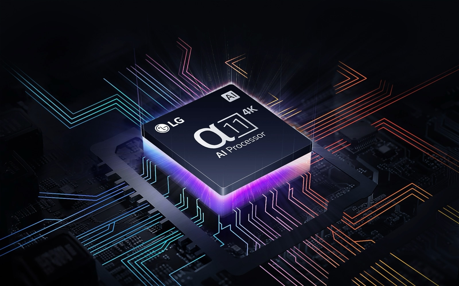 Procesor AI LG α11 (czyt. Alpha) 4K ledwo widoczny w ciemności. Procesor AI zapala się na fioletowo oraz różowo i wydobywają się z niego kolorowe wiązki światła. Na płycie głównej pojawiają się błyskawice, rozszerzając się coraz dalej, a białe kropki przypominają gwiazdy, sprawiając wrażenie międzygalaktycznej sceny.
