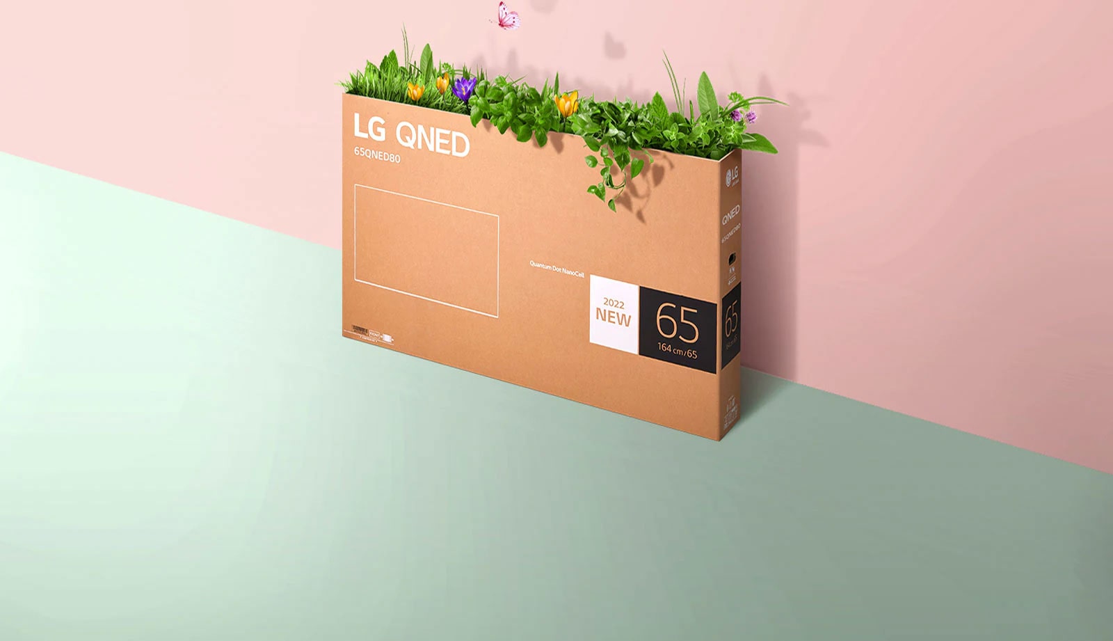 Pudełko telewizora QNED leży na różowo-zielonym tle. Widać rosnącą trawę i wylatujące z wnętrza telewizora motyle. 