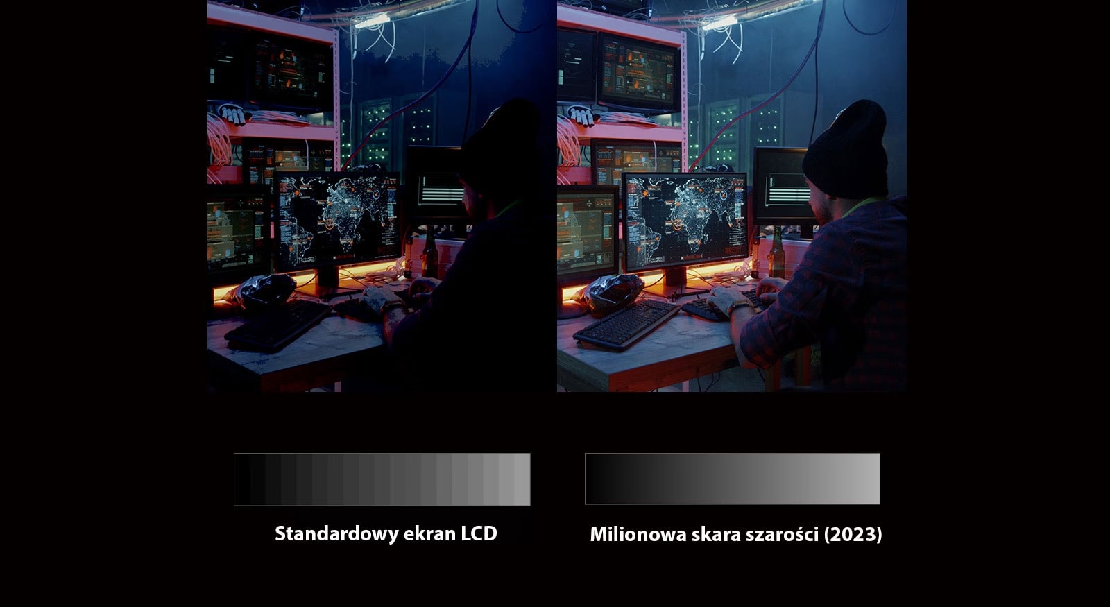 Na podzielonym ekranie widać mężczyznę patrzącego na lustro w ciemnym pokoju. Porównywana jest różnica w jakości obrazu między lewą i prawą stroną.