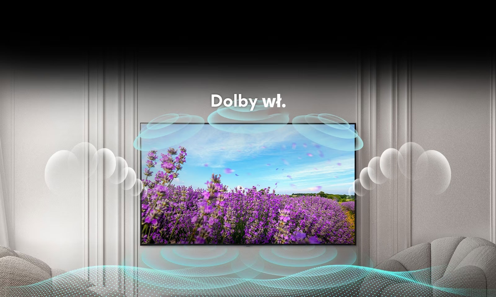 Ekran telewizora QNED przedstawia pole różowych kwiatów rzepaku letnią porą. Na środku widnieje napis Dolby OFF. Obraz w ekranie staje się jaśniejszy i tekst zmienia się na Dolby ON.