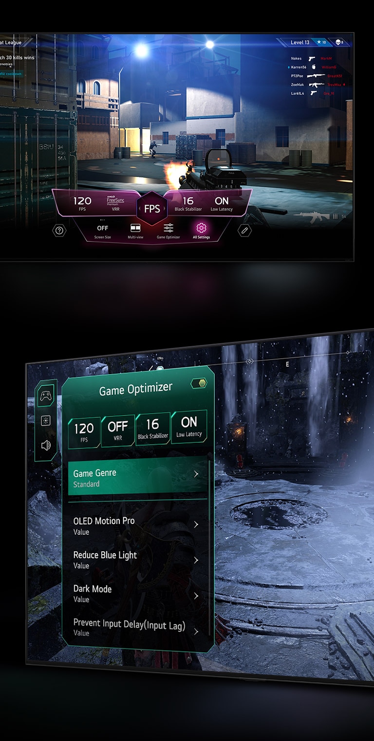 Scena z gry FPS z pulpitem gry, pojawiającym się nad ekranem podczas rozgrywki. Ciemna, zimowa scena z menu Game Optimizer pojawiającym się nad grą. 