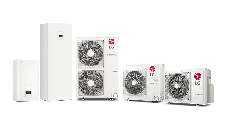 LG THERMA V Hydrosplit units line up. The Hydro box and Integrated water tank are on the left and right, and the outdoor unit is at the center.
