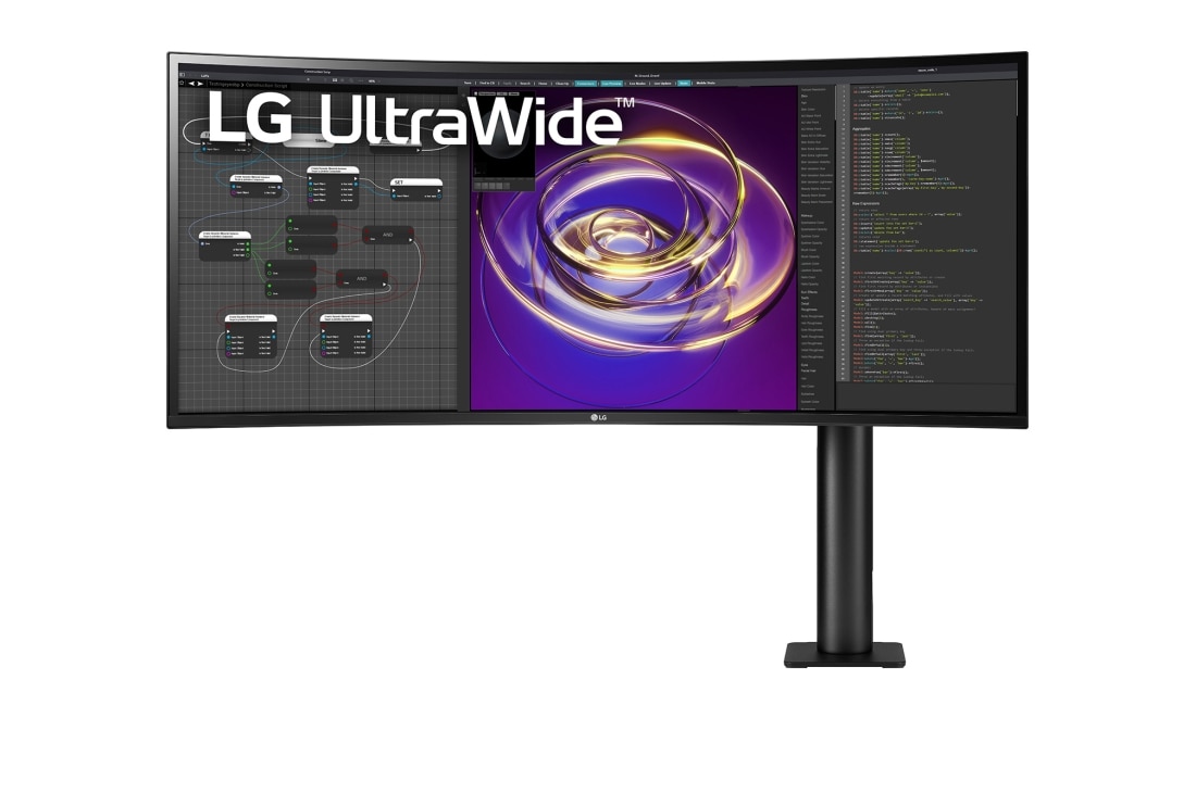 LG Monitor LG 34” 21:9 UltraWide™ QHD IPS z technologią AMD FreeSync™, ERGO 34WP88C-B, widok monitora z przodu, ramie po prawej, 34WP88C-B