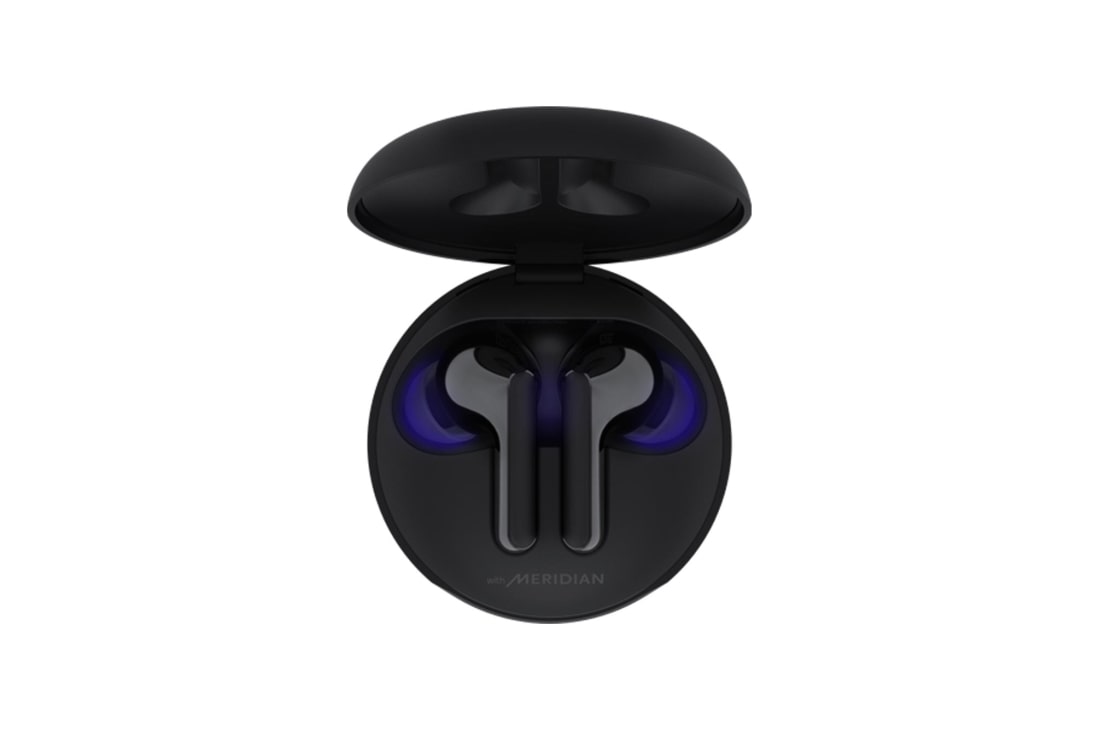 LG Słuchawki LG TONE Free, bezprzewodowe, douszne HBS-FN4, czarne, Widok z góry otwartego etui ze słuchawkami i włączoną lampą UV, HBS-FN4-black