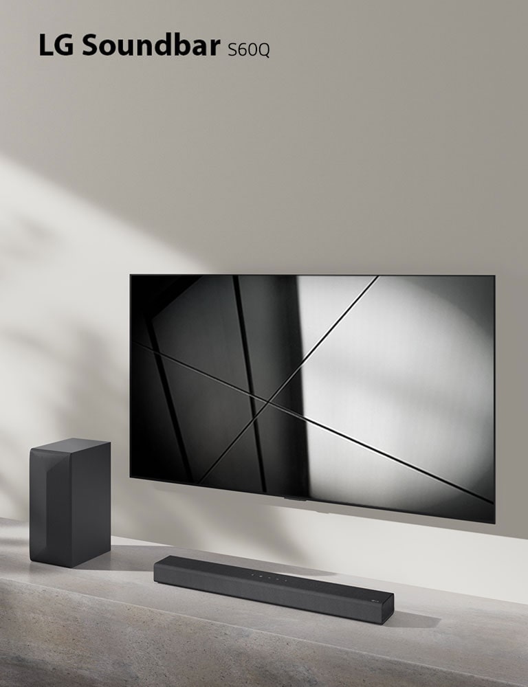Soundbar LG S60Q i telewizor LG stoją razem w pokoju dziennym. Telewizor jest włączony i wyświetla geometryczny wzór.