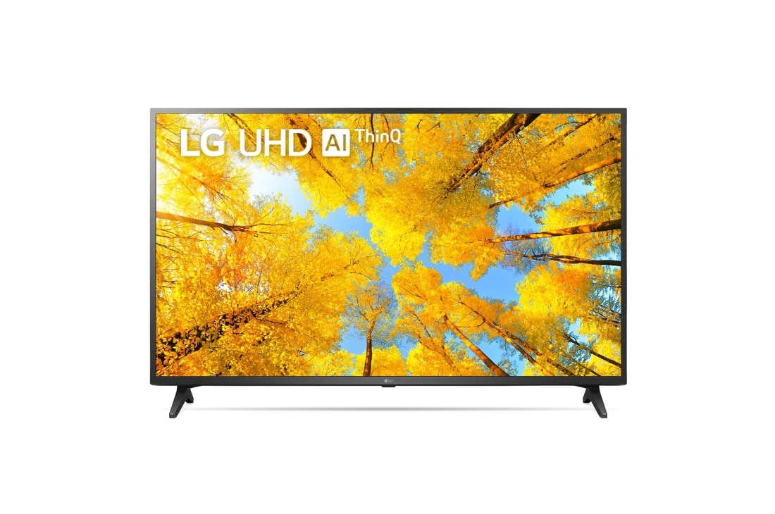 LG Telewizor LG 65” UHD 4K 2022 AI TV ze sztuczną inteligencją, DVB-T2/HEVC, 65UQ7500, Widok z przodu telewizora LG UHD z obrazem wypełniającym i logo produktu, 65UQ75003LF