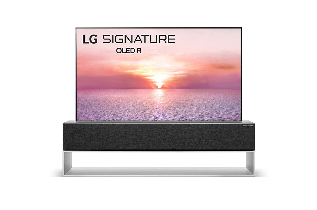 LG Telewizor LG 65” Zwijany OLED 4K ze sztuczną inteligencją, Cinema HDR, Smart TV, 120Hz, DVB-T2/HEVC, OLED65R19LA, pełny widok z przodu, OLED65R19LA