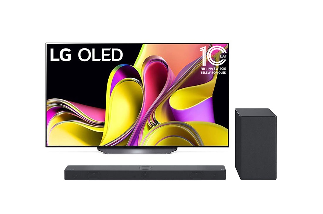 LG Przedsprzedaż promocyjna: telewizor 77” OLED 4K OLED77B3 z soundbarem SC9S, LG OLEDi eestvaade embleemiga 10 aastat maailma nr. 1 OLED.+ Widok z przodu soundbaru i woofera, 77B33L-SC95.BUNDLE