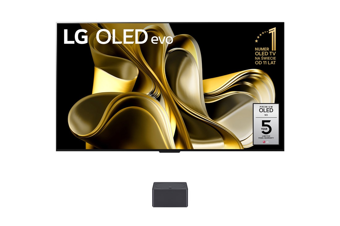 LG Telewizor LG M3 77'' OLED evo 4K Smart TV, 120Hz, OLED77M3, Widok z przodu z telewizorem LG OLED M3 i modułem Zero Connect poniżej, symbol 11 Years World No.1 OLED, OLED77M39LA