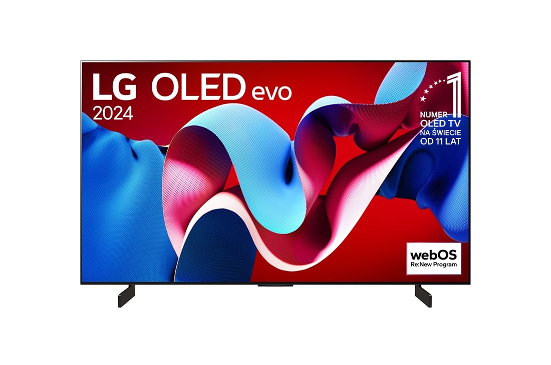 LG 42-calowy LG OLED evo C4 4K Smart TV 2024, Widok z przodu LG OLED evo TV, OLED C4, logo „11 lat LG OLED numerem 1 na świecie” i logo programu webOS Re:New na ekranie, OLED42C44LA