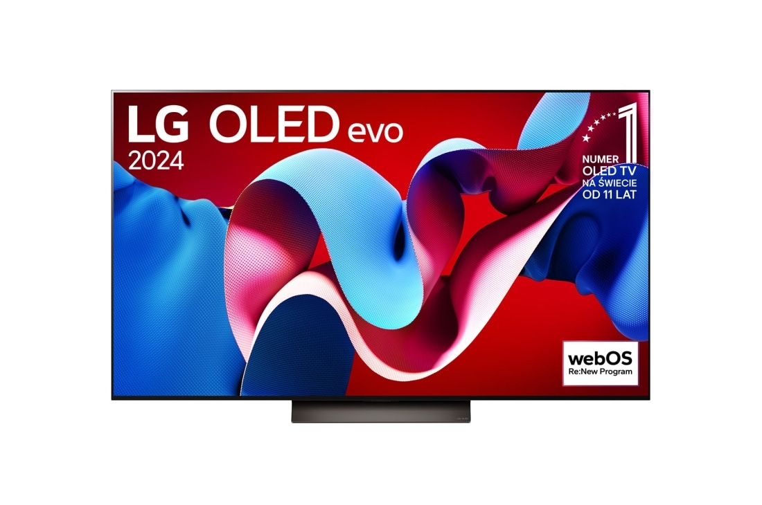 LG 77-calowy LG OLED evo C4 4K Smart TV 2024 , Widok z przodu LG OLED evo TV, OLED C4, logo „11 lat LG OLED numerem 1 na świecie” i logo programu webOS Re:New na ekranie, OLED77C45LA