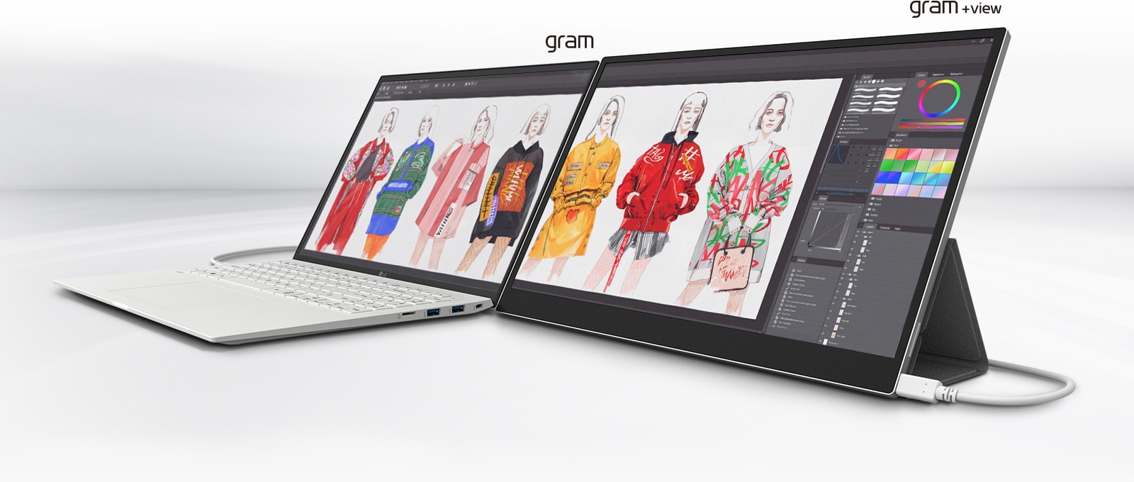Scena, na której ekran laptopa gram jest rozszerzony przez monitor gram +view.
