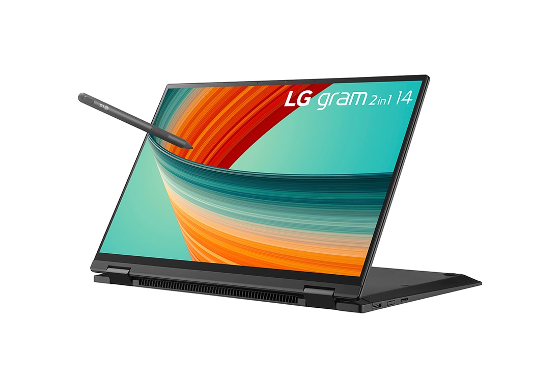 LG Laptop LG gram 2in1 14'' 2023 z dotykowym ekranem 16:10, Windows 11 Home, SSD 512GB M.2(NVME), 16GB, Intel Evo z procesorem Intel® Core™ i5 13. generacji, 14T90R, kolor czarny, Widok z boku pod kątem +30 stopni w trybie stojącym, 14T90R-G.AA55Y