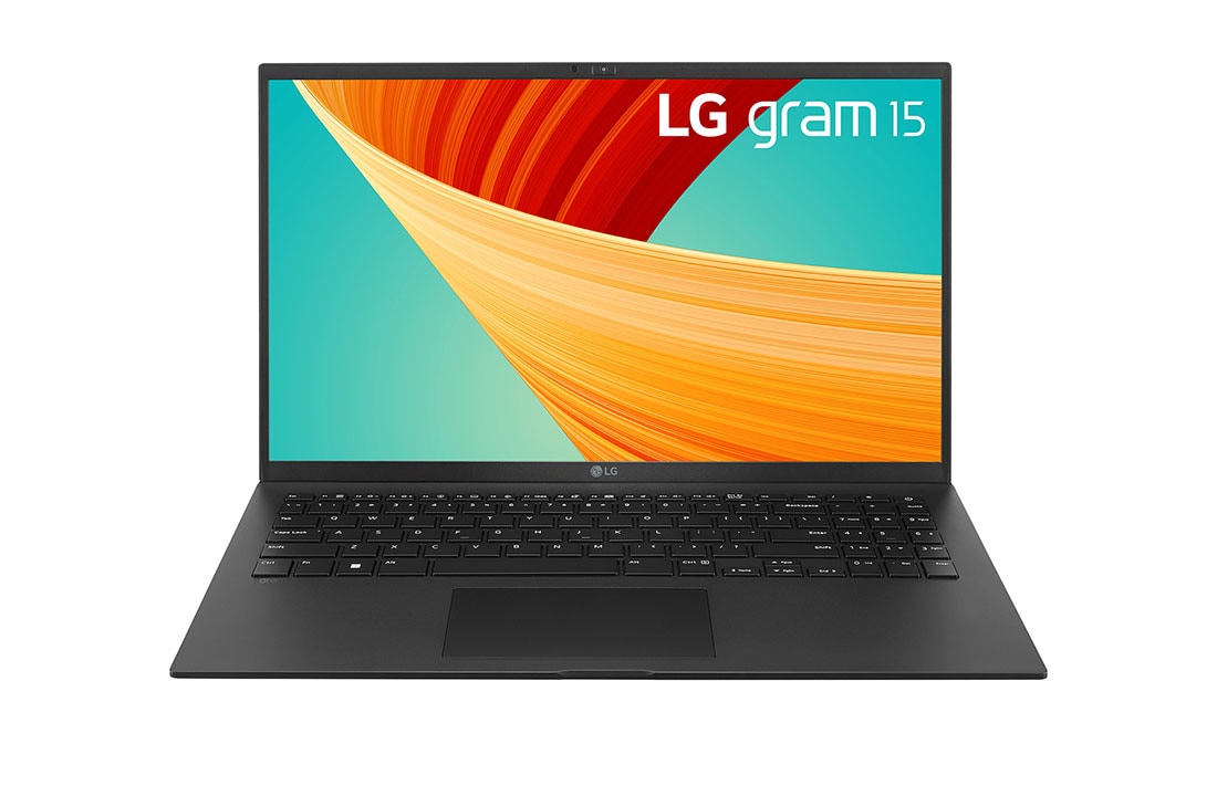 LG Laptop LG gram 15'' 2023 z matową matrycą FHD IPS, Windows 11 Home, SSD 512GB M.2 (NVME), 16GB, Intel Evo z procesorem Intel® Core™ i5 13. generacji, 15Z90R, kolor ciemnoszary, Widok z przodu z klawiaturą, 15Z90R-G.AA56Y
