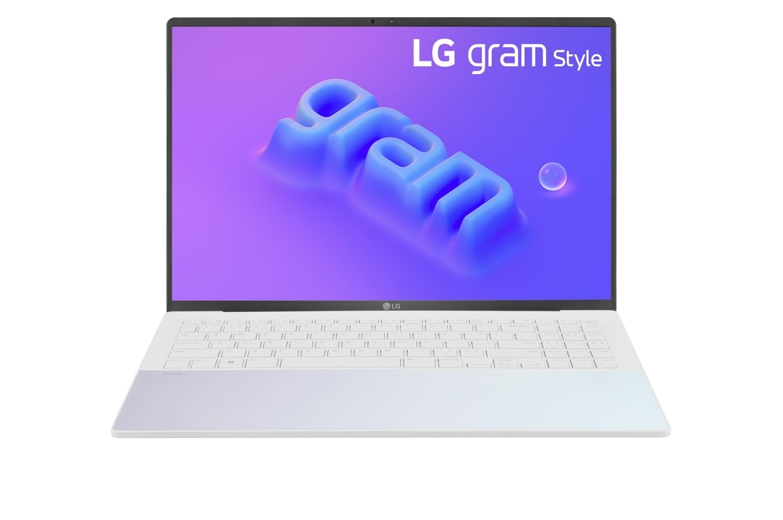 LG Laptop LG gram Style 16'' 2023 z antyodblaskowym ekranem OLED, <br>Windows 11 Home, SSD 1TB M.2 (NVME), 16GB, Intel Evo z procesorem Intel® Core™ i7 13. generacji, 16Z90RS, kolor Aurora White, Widok z przodu z klawiaturą, 16Z90RS-G.AA77Y