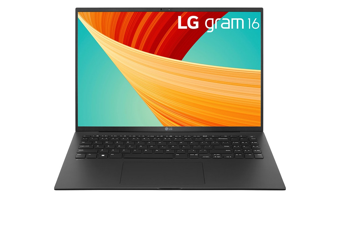 LG Laptop LG gram 16'' 2023 z matową matrycą, Windows 11 Home, SSD 512GB M.2 (NVME), 16GB, Intel Evo z procesorem Intel® Core™ i5 13. generacji, 16Z90R, kolor czarny, Widok z przodu z klawiaturą, 16Z90R-G.AA55Y