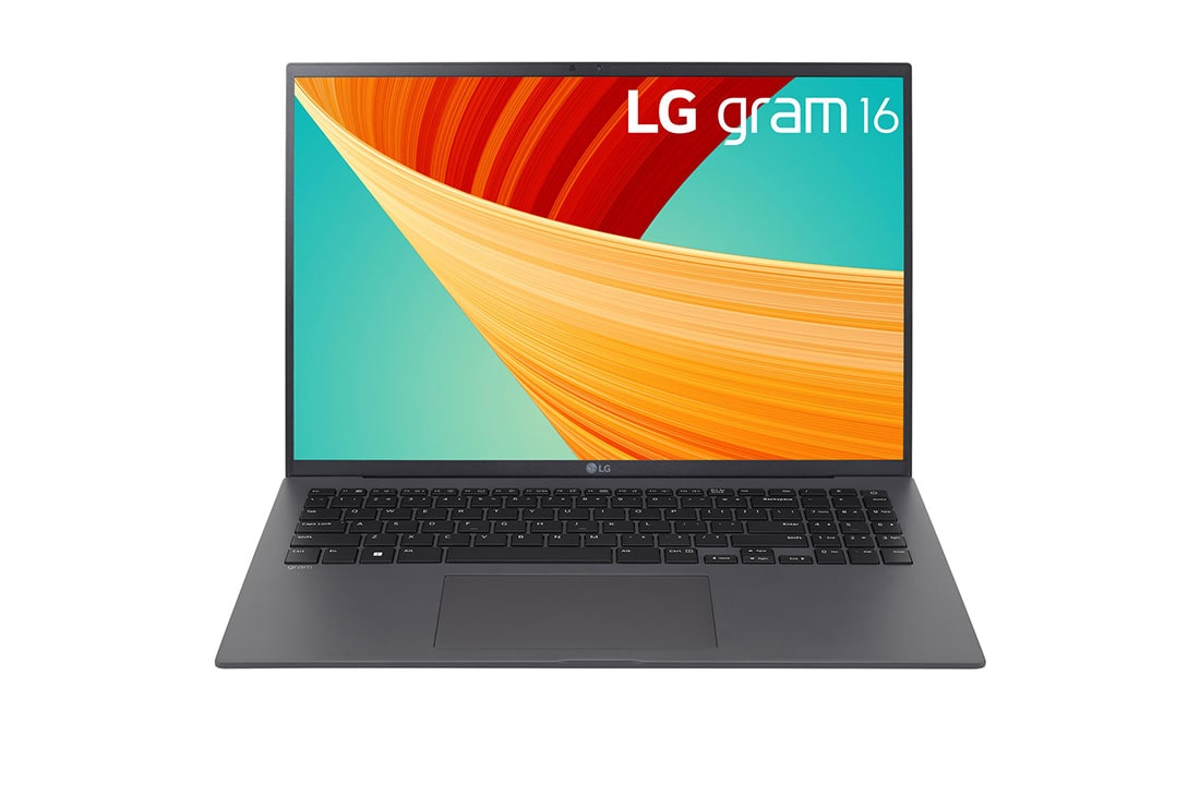 LG Laptop LG gram 16'' 2023 z matową matrycą, Windows 11 Home, SSD 512GB M.2 (NVME), 16GB, Intel Evo z procesorem Intel® Core™ i5 13. generacji, 16Z90R, kolor szary, Widok z przodu z klawiaturą, 16Z90R-G.AA56Y