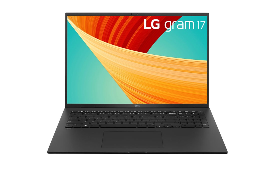 LG Laptop LG gram 17'' 2023 z matową matrycą, Windows 11 Home, SSD 512GB M.2 (NVME), 16GB, Intel Evo z procesorem Intel® Core™ i5 13. generacji, 17Z90R, kolor czarny, Widok z przodu z klawiaturą, 17Z90R-G.AA56Y
