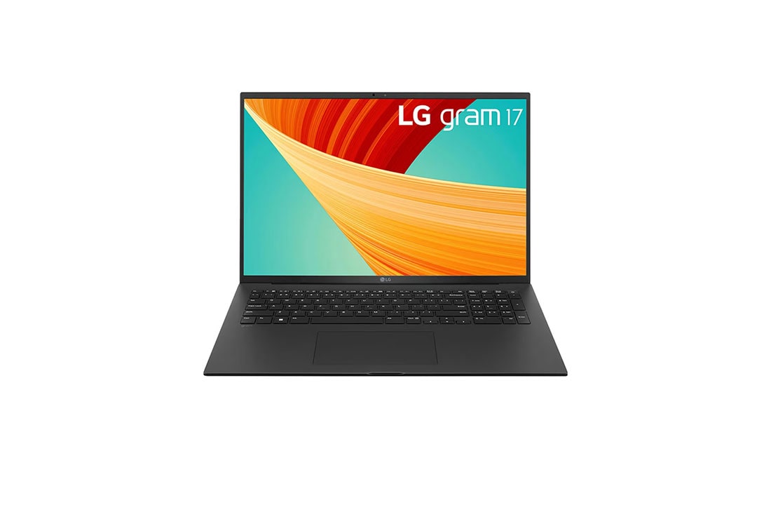 LG Laptop LG gram 17'' 2023 z matową matrycą, Windows 11 Home, SSD 512GB M.2 (NVME), 16GB, Intel Evo z procesorem Intel® Core™ i7 13. generacji, 17Z90R, kolor czarny, Widok z przodu z klawiaturą, 17Z90R-G.AA75Y