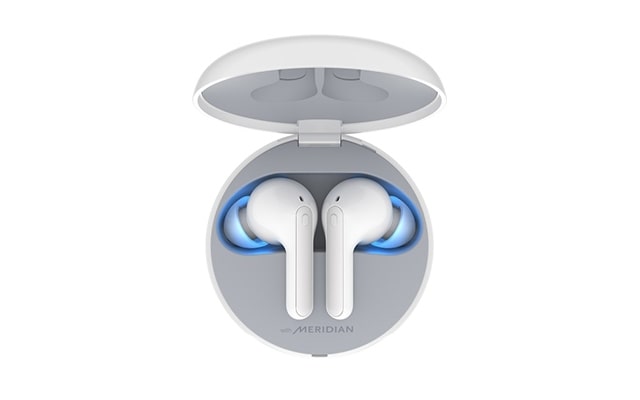 A front image of LG wireless earbuds HBS-FN7 in white.