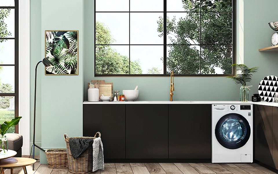 A laundry room is equipped with a smart washing machine.