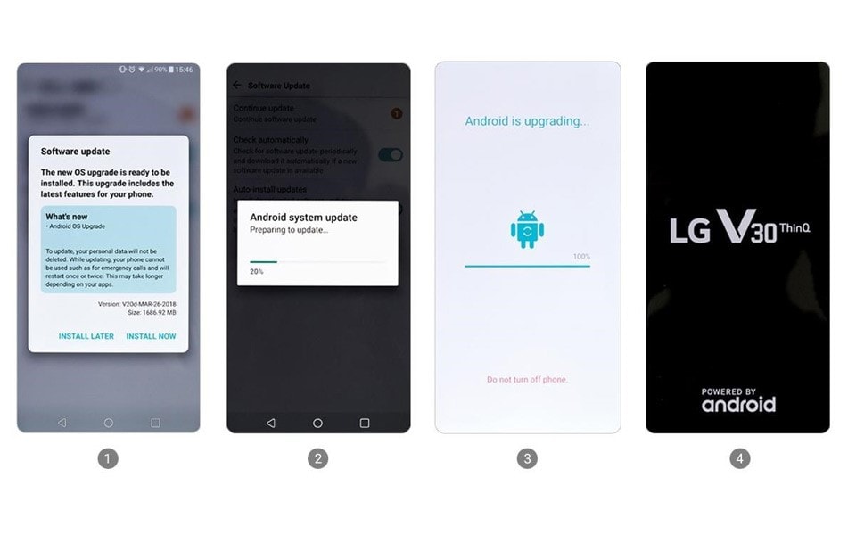 An image of showing the process of android 8.0 oreo update from lg v30 device.