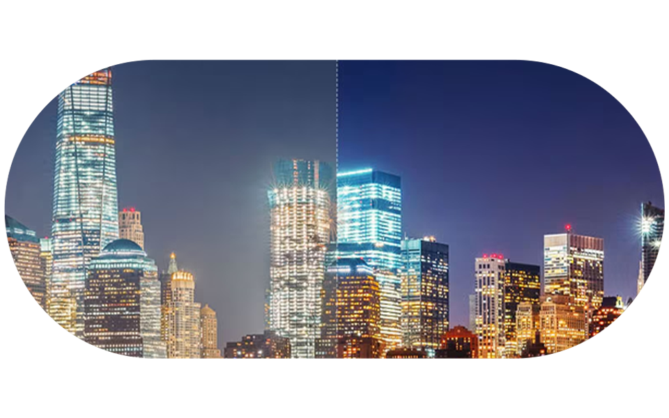 Nocna panorama miasta wyświetlana w telewizorze LG z funkcją AI Picture Pro i kreatorem AI Picture Wizard, skalującym zawartość w celu uzyskania większej szczegółowości 