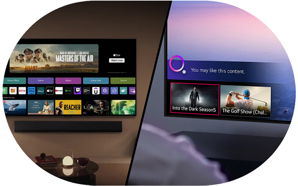 Dwa zdjęcia telewizora LG wyświetlającego różne aplikacje, przedstawiające funkcje programu LG webOS Re:New.