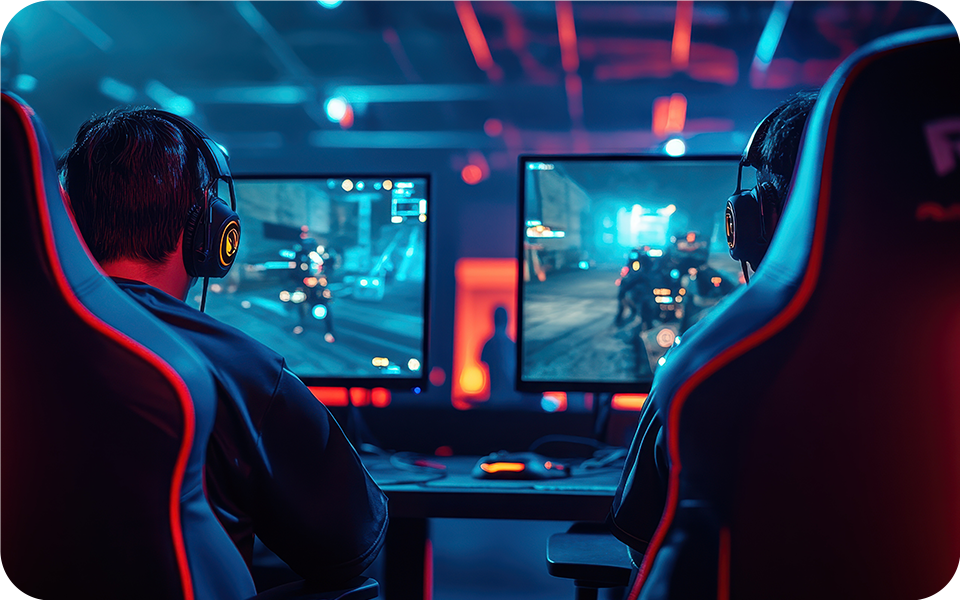 Dwóch mężczyzn w słuchawkach grających w strzelankę, prezentujących monitory do gier 144 Hz 4K i monitory do gier 4K 240 Hz.