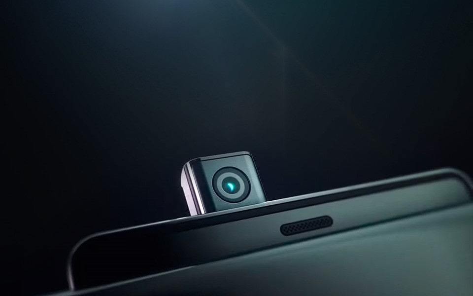 A close-up of the pop-up front camera lens on the LG WING