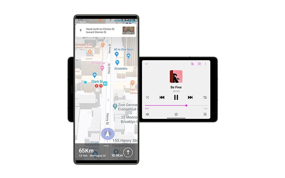 The LG WING allowing for both the Maps app and the Music app to be open at the same time