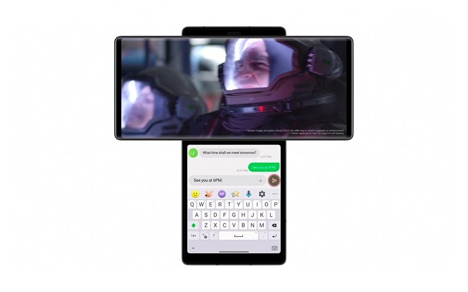 The LG WING allowing users to watch a video on the main screen, while simultaneously type a message in swivel mode
