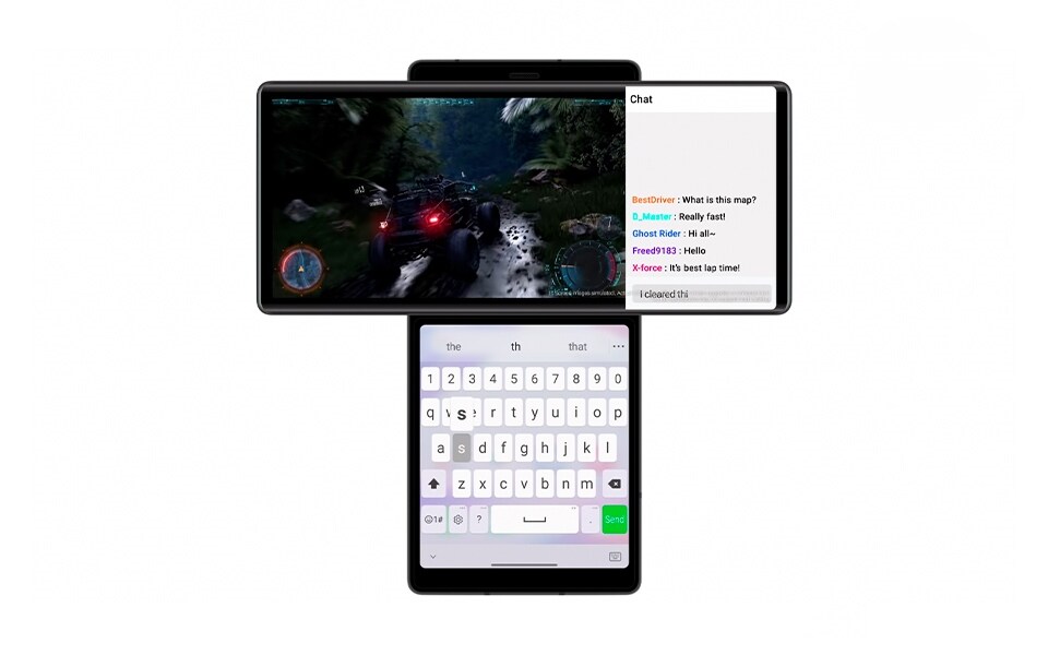 The LG WING allowing users to watch a live stream with the comments section visible on the main screen, while simultaneously typing a comment in swivel mode