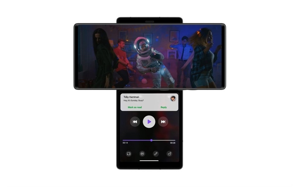 The LG WING showing a message notification on the vertical half-screen, which allows for uninterrupted video viewing