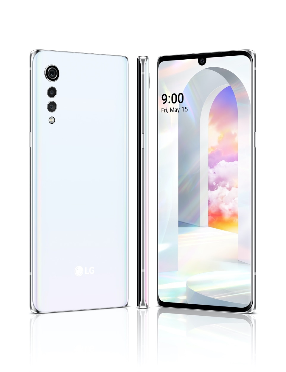 A glam shot of the LG VELVET smartphone in Aurora White colour