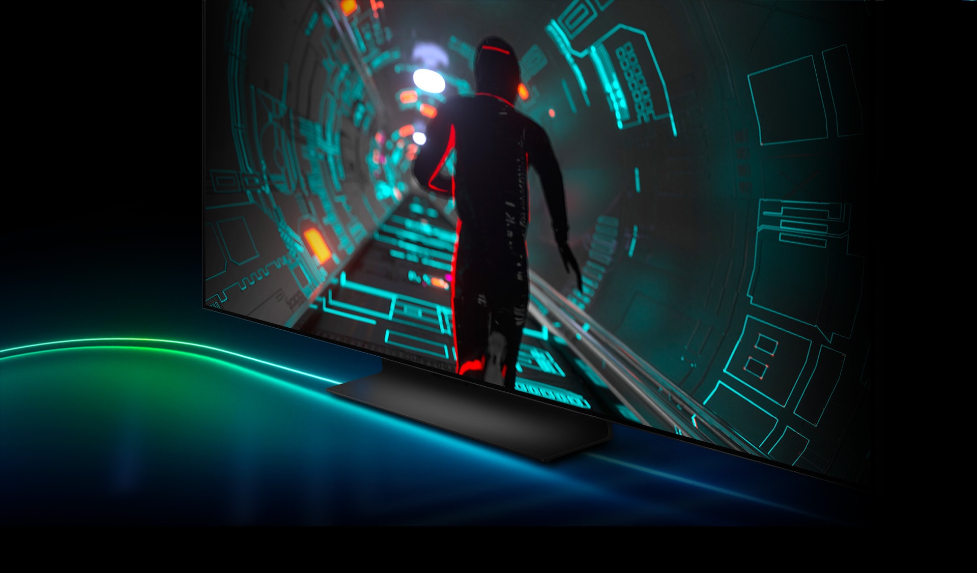 A sci-fi game character runs through a tunnel with neon lights