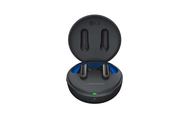 Black LG TONE Free wireless Bluetooth earbuds in an open charging case with a Meridian logo