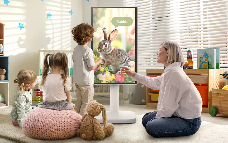 A family looking at the LG 360 monitor