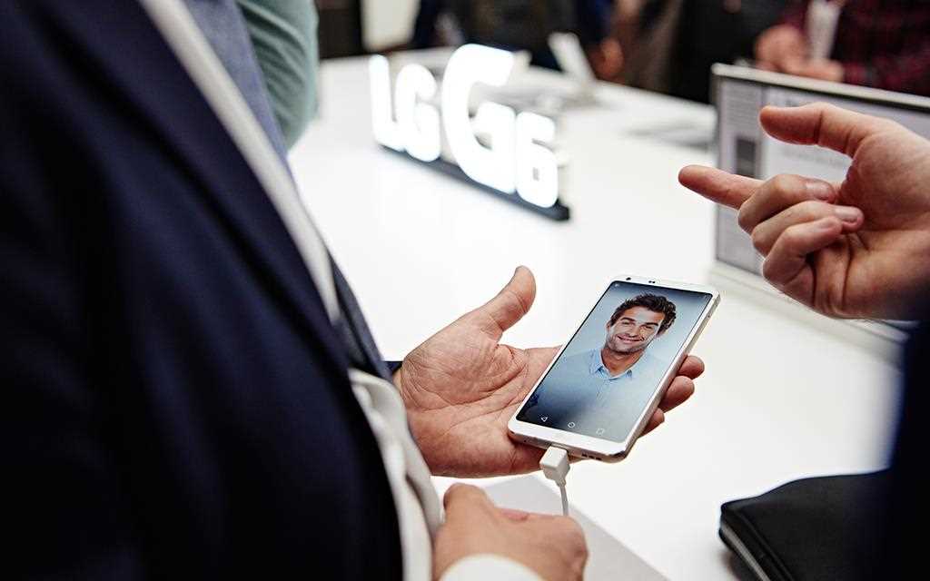 An image of new lg g6 smartphone at the exhibition venue at mwc 2017 barcelona