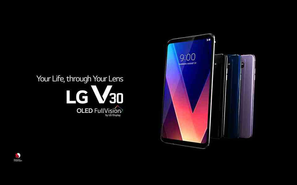 An image of new lg v30 smartphone in 4 colors; aurora black, cloud silver, moroccan blue and lavender violet
