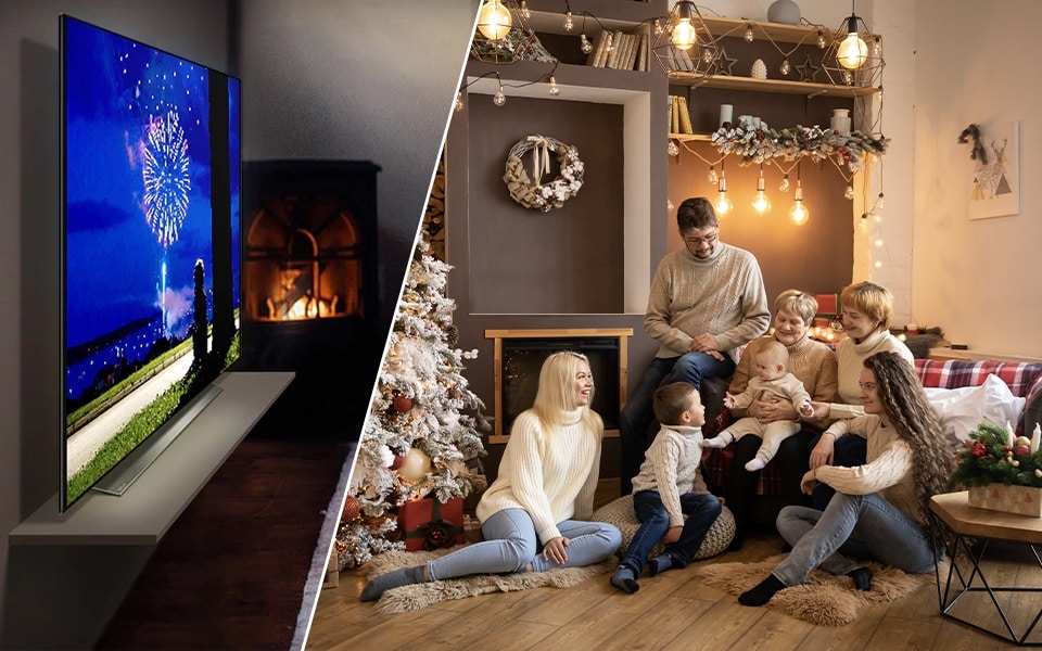 Split image of an ultra-thin LG OLED TV and a happy family gathered around a Christmas tree