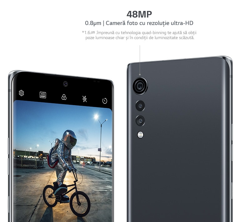 O fotografie cu o persoană care merge pe bicicletă, surprinsă cu camera de 48MP și o imagine cu camera triplă de pe spatele LG VELVET.
