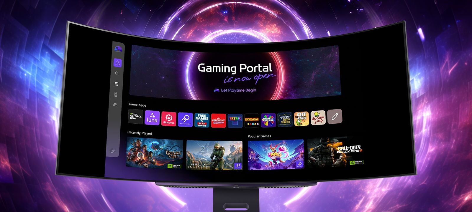 Un monitor curbat arată un panou de control al unui joc, cu pictograme vibrante ale jocurilor, inclusiv de acțiune, puzzle și aplicații de cloud pentru gaming. O grafică strălucitoare, cosmică, a portalului înconjoară ecranul, îmbunătățind senzația sci-fi.