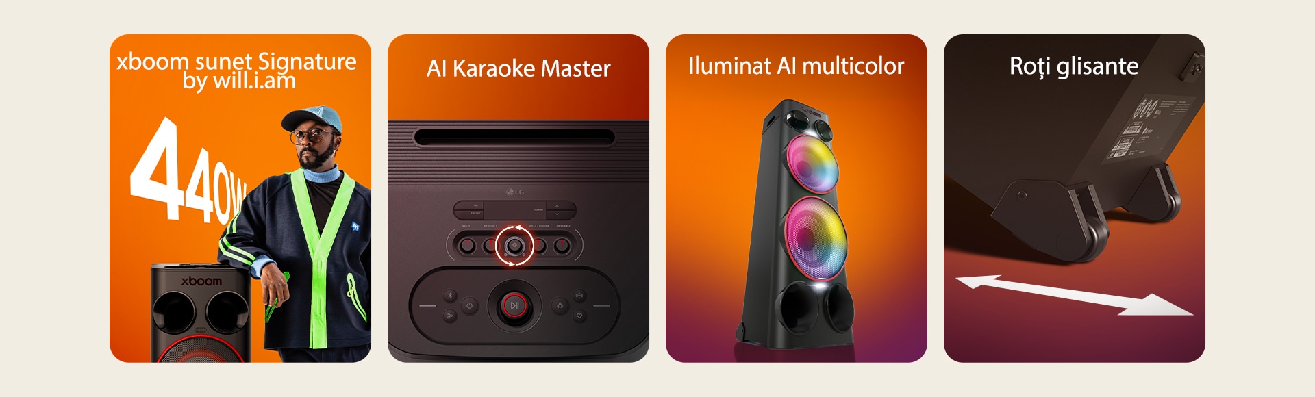 1) Boxă de petrecere LG xboom Power 9000, cu o putere de 440 W și sunet distinctiv reglat de will.i.am.<br> 2) LG xboom Power 9000, o boxă de petrecere Karaoke cu AI Karaoke Master<br> 3) Boxă de petrecere LG xboom Power 9000 care oferă efecte de iluminat multicolor ca o boxă cu iluminat<br> 4) Boxă de petrecere LG xboom Power 9000, cu roți glisante ca o boxă cu roți pentru o mișcare lină și ușoară