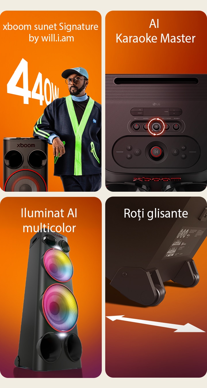 1) Boxă de petrecere LG xboom Power 9000, cu o putere de 440 W și sunet distinctiv reglat de will.i.am.<br> 2) LG xboom Power 9000, o boxă de petrecere Karaoke cu AI Karaoke Master<br> 3) Boxă de petrecere LG xboom Power 9000 care oferă efecte de iluminat multicolor ca o boxă cu iluminat<br> 4) Boxă de petrecere LG xboom Power 9000, cu roți glisante ca o boxă cu roți pentru o mișcare lină și ușoară