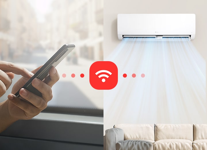 Imaginea care controlează fluxul de aer rece al aparatului de aer condiționat printr-un smartphone.