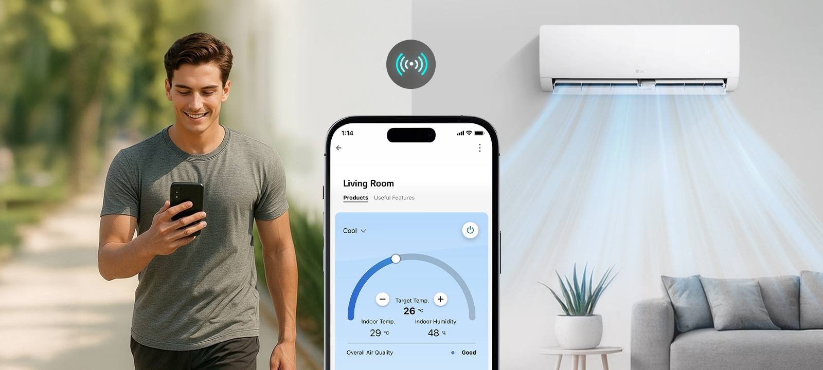 Imaginea unui aparat de aer condiționat care suflă aer rece pe o parte și aer cald pe cealaltă, arătând ambele moduri de flux de aer.