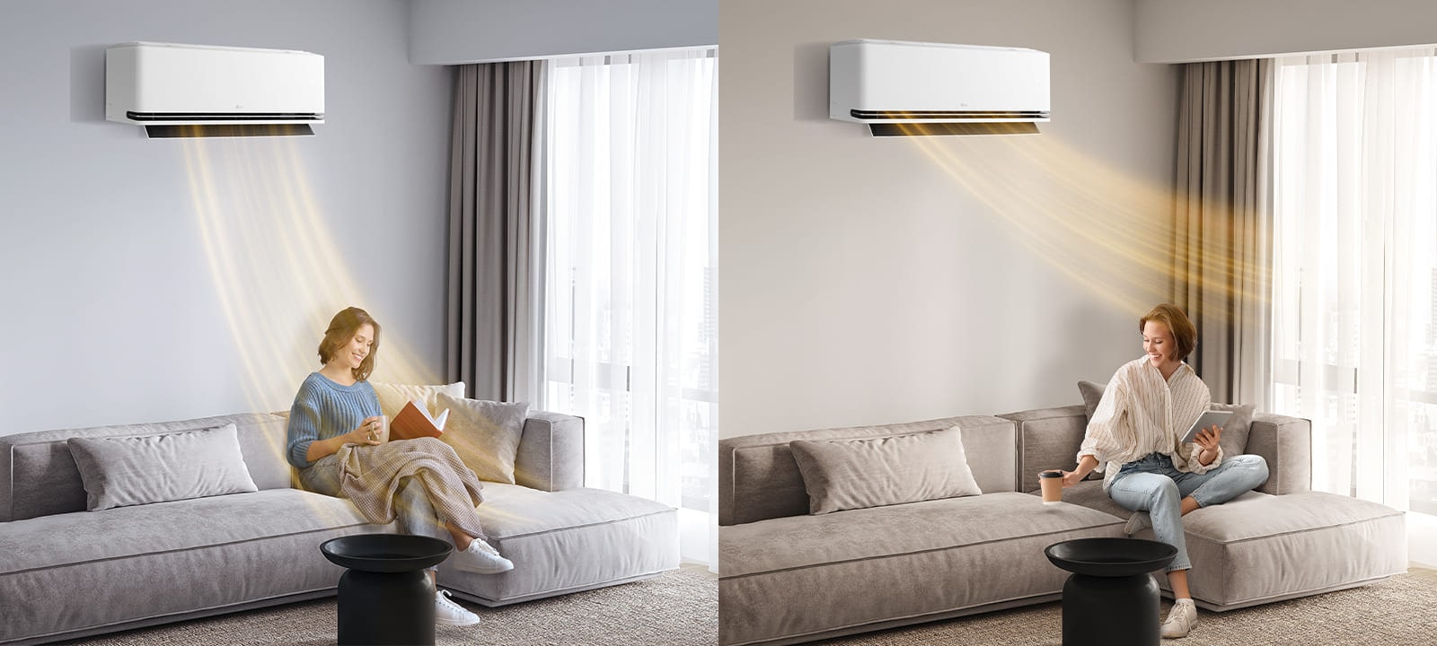 O femeie se bucură de AI Heating de la un aparat de aer condiționat LG