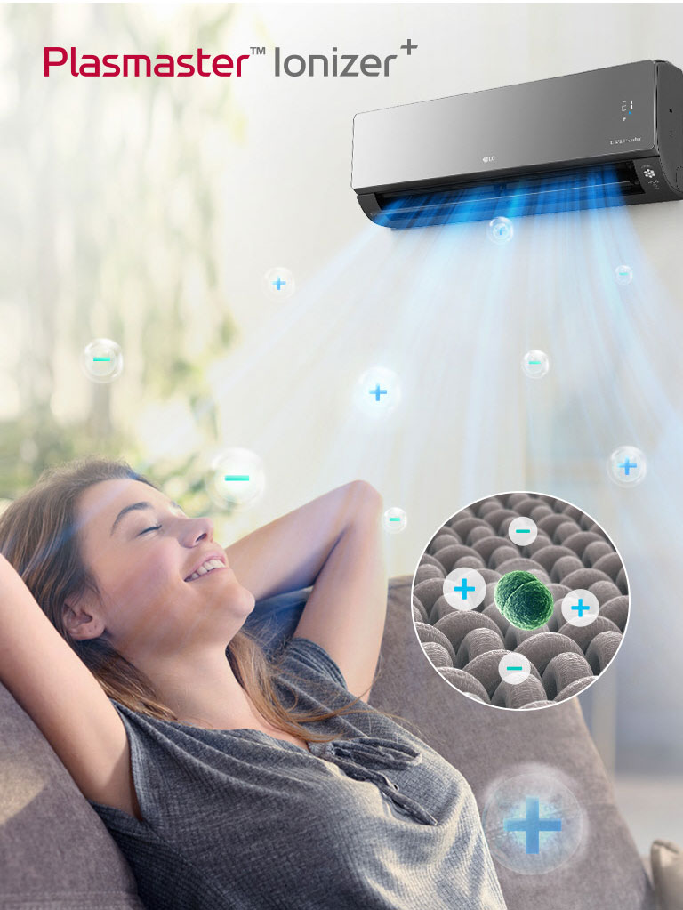 Un buton de redare/pauză din partea de jos indică faptul că acesta este un videoclip. O femeie se întinde pe spate zâmbind pe o canapea. Un aparat de aer condiționat LG de pe peretele de deasupra ei suflă aer. Bulele de aer cu marcaje plus și minus se mișcă prin aer datorită ionizatorului Plastmaster. Există un cerc cu o vedere mărită a bulelor de ioni plus minus care înconjoară bacteriile și le dezodorizează. Logo-ul ionizatorului Plasmaster poate fi văzut în colțul imaginii.