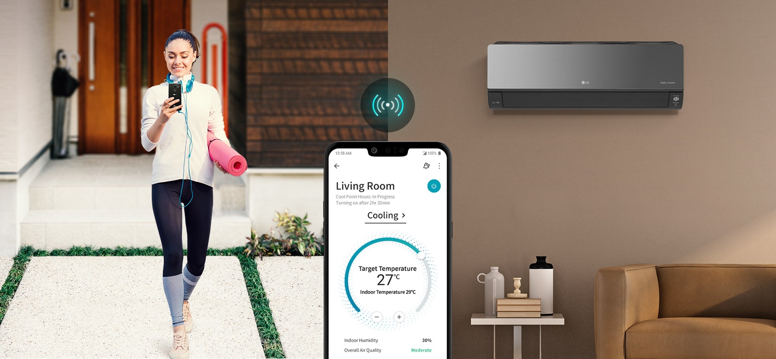 Trei pictograme în partea de sus indică faptul că există trei imagini într-un carusel. A doua pictogramă, etichetată „Alertă inteligentă”, este de culoare roșie. Un om stă pe podea uitându-se la telefonul lui cu cuptorul pe fundal. În partea stângă a ecranului se află o imagine a aplicației ThinQ pe un ecran de telefon cu pictograma Wi-Fi deasupra acestuia.